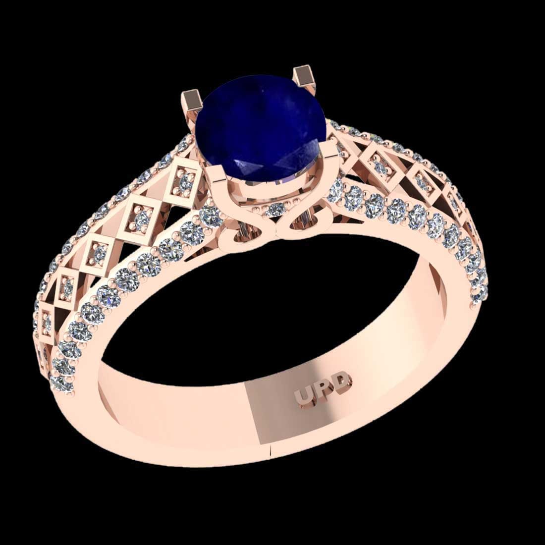 1.68 Ctw SI2/I1 Blue Sapphire and Diamond 14K Rose Gold: 1.68 Ctw SI2/I1 Blue Sapphire and Diamond 14K Rose Gold Engagement Halo Ring -- Center Stone Weight :- 1.00 Ctw (Round Cut) Center stone Color :-Blue Sapphire Center Stone Setting : Prong Side Stone W