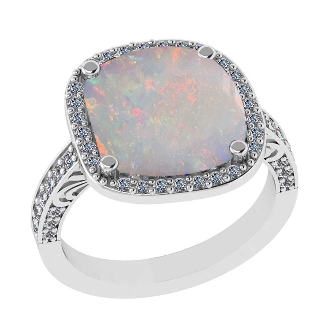 4.39 Ctw SI2/I1 Opal and Diamond 14K White Gold Engagem: 4.39 Ctw SI2/I1 Opal and Diamond 14K White Gold Engagement Ring -- Center Stone Weight : 3.84 Ctw Center stone Color :- Opal Setting : Prong Side Weight Of Ctw 0.55 Ctw Color : J-K Clarity : SI2/I1 St