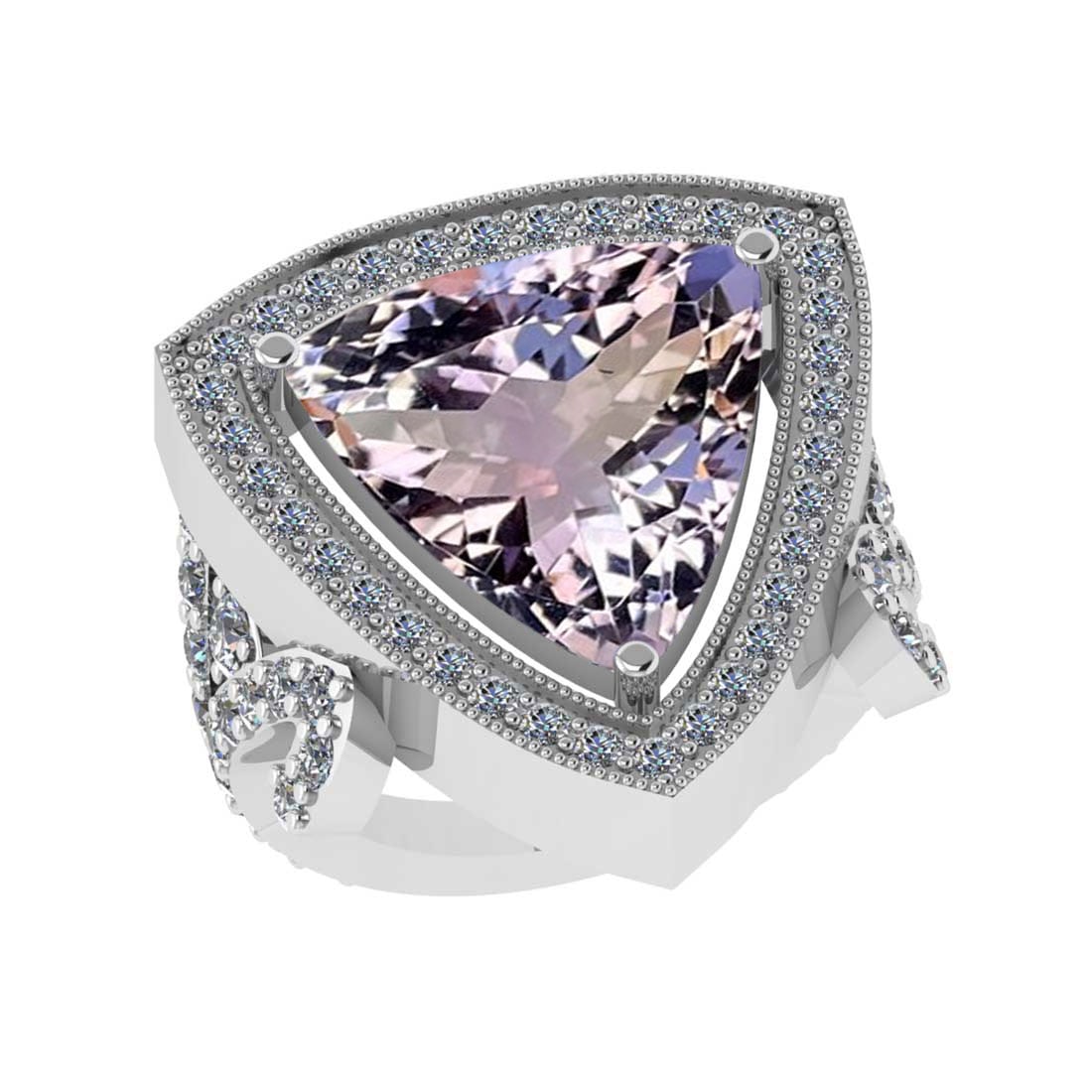 10.78 Ctw SI2/I1 Kunzite and Diamond 14K White Gold Eng: 10.78 Ctw SI2/I1 Kunzite and Diamond 14K White Gold Engagement Ring -- Center Stone Weight : 9.43 Ctw ( Trillion Cut) Center Stone Color :-Kunzite Setting : Prong Diamond Weight Of Ctw 1.35 Ctw Color
