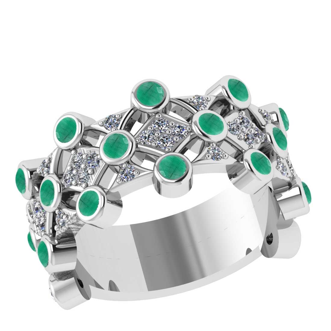1.09 Ctw SI2/I1 Emerald and Diamond Bezel Set 14K White Gold Eternity Band Ring: 1.09 Ctw SI2/I1 Emerald and Diamond Bezel Set 14K White Gold Eternity Band Ring -- Center Stone Weight : 0.77 Ctw (Round Cut) Center stone Color :-Emerald Setting : Bezel Side Weight Of Ctw 0.32 Ctw C