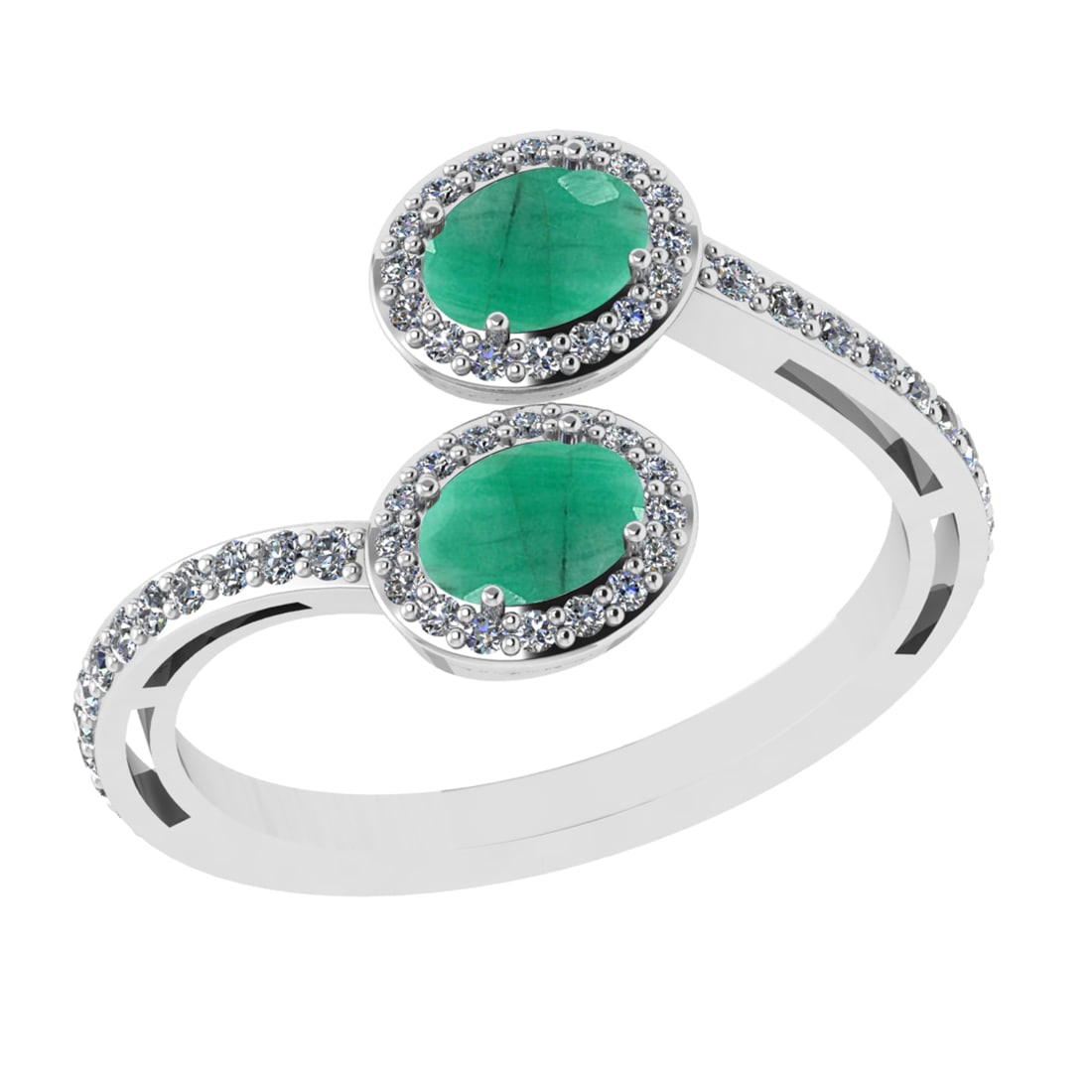 1.35 Ctw I2/I3 Emerald and Diamond 14K White Gold Bypass Engagement Ring: 1.35 Ctw I2/I3 Emerald and Diamond 14K White Gold Bypass Engagement Ring -- Center stone Weight : 1.00 Ctw ( Oval Cut) Center stone color : Emerald Center Stone Setting : Prong Side Diamond Weight Of