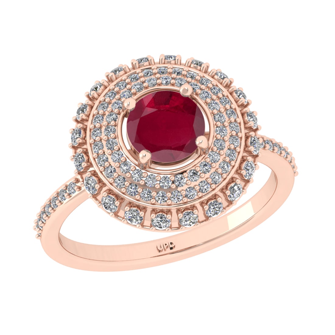1.65 Ctw SI2/I1 Ruby and Diamond 14K Rose Gold Engagement Halo Ring: 1.65 Ctw SI2/I1 Ruby and Diamond 14K Rose Gold Engagement Halo Ring -- Center Diamond Weight :-: 1.00 Ctw ( Round Cut) Color :- Ruby Center Stone Setting : Prong Side Diamond Weight Of Ctw 0.65 Ctw Co
