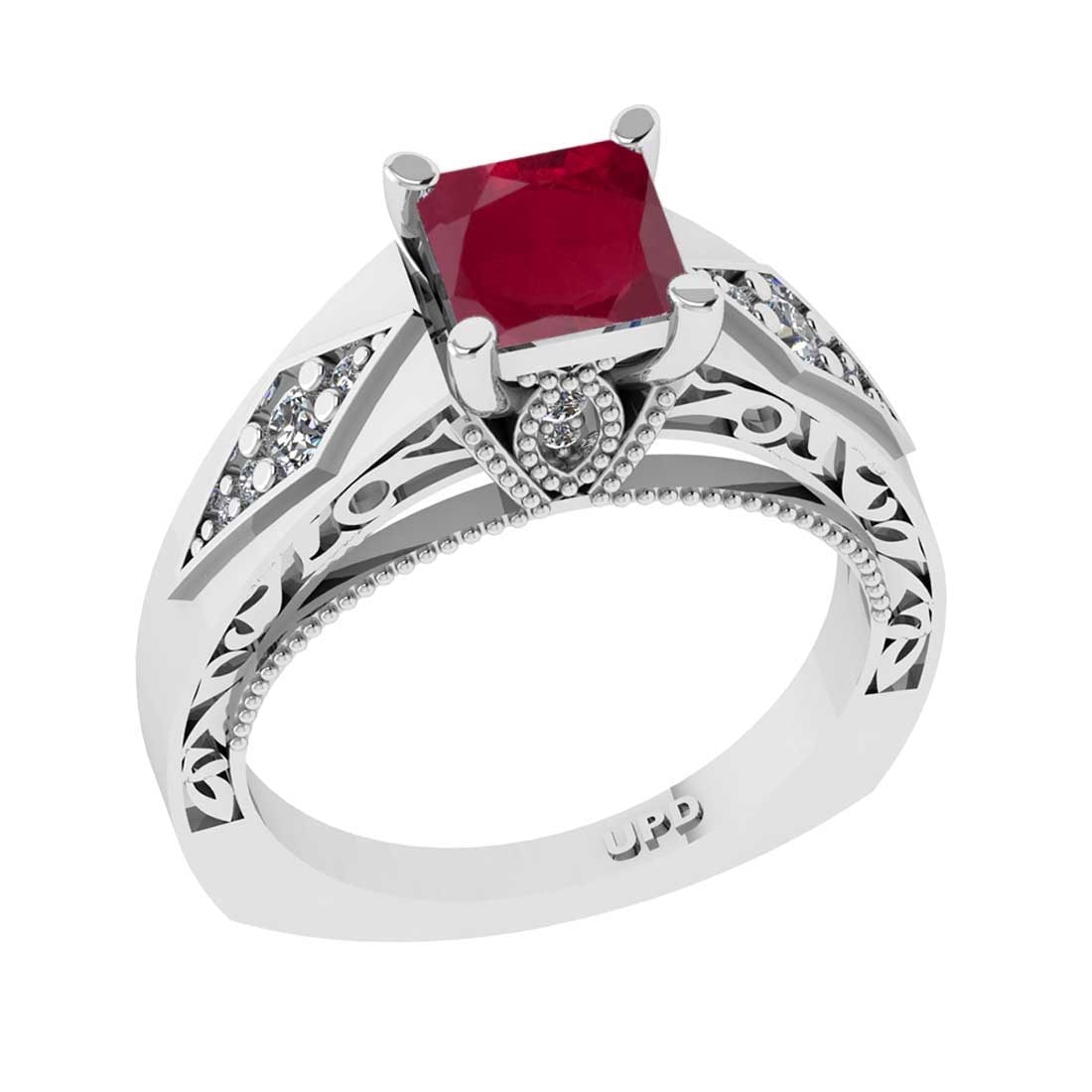 1.26 Ctw VS/SI1 Ruby and Diamond 14K White Gold Engagement Halo Ring(ALL DIAMOND ARE LAB GROWN): 1.26 Ctw VS/SI1 Ruby and Diamond 14K White Gold Engagement Halo Ring(ALL DIAMOND ARE LAB GROWN) -- Color Stone Weight : 1.05 Ctw ( Princess Cut) Stone Color :- Ruby Center Stone Setting : Prong Total 