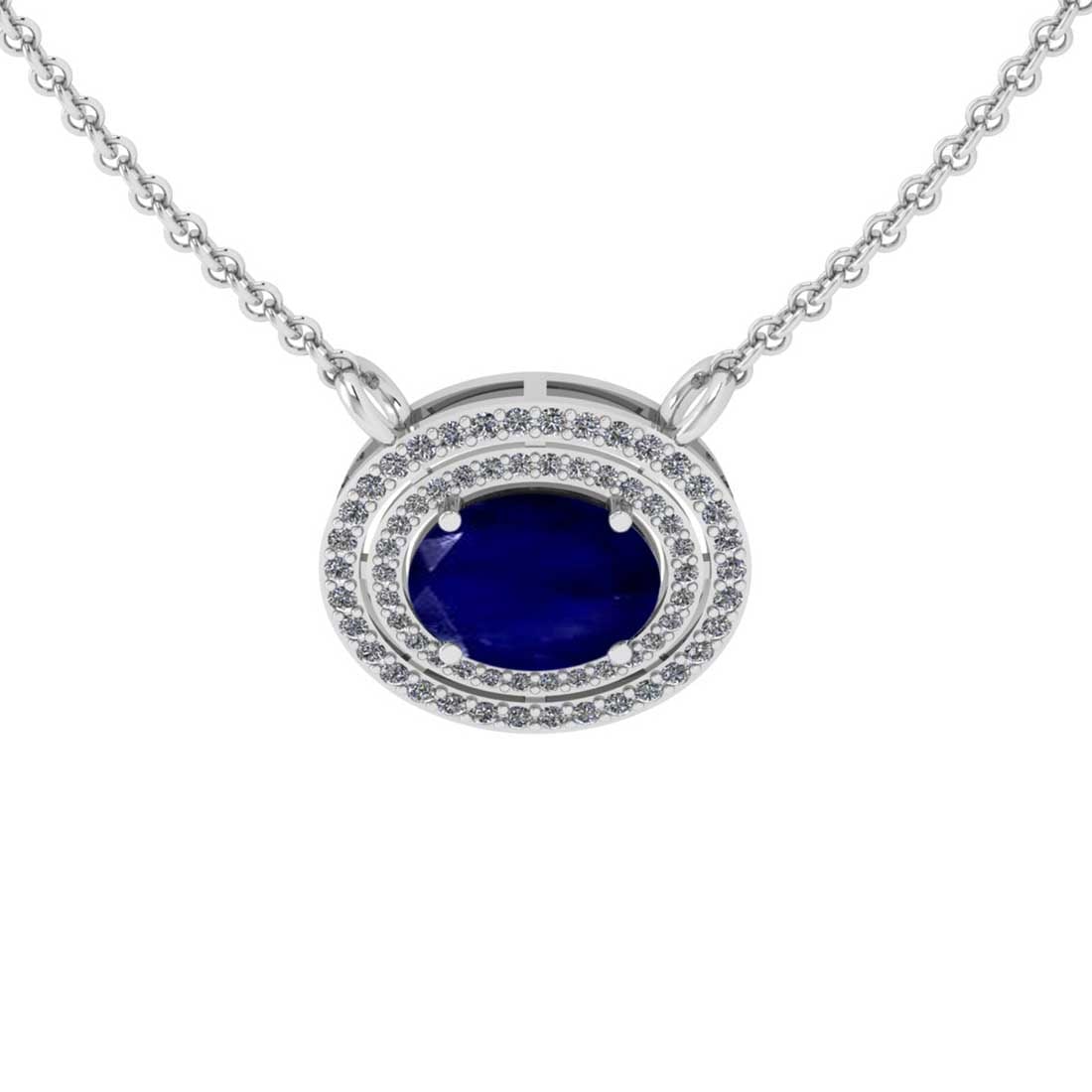 2.92 Ctw VS/SI1 Blue Sapphire And Diamond 14K White Gold Necklace (ALL DIAMOND ARE LAB GROWN ): 2.92 Ctw VS/SI1 Blue Sapphire And Diamond 14K White Gold Necklace (ALL DIAMOND ARE LAB GROWN ) -- Center Stone Weight : 2.50 Ctw ( Oval Cut ) Center Stone Color : Blue Sapphire Stone Setting : Prong S