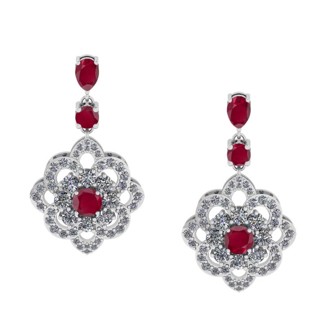 5.20 Ctw VS/SI1 Ruby And Diamond 14K White Gold Dangling Earrings (ALL DIAMOND ARE LAB GROWN ): 5.20 Ctw VS/SI1 Ruby And Diamond 14K White Gold Dangling Earrings (ALL DIAMOND ARE LAB GROWN ) -- Center Stone Weight : 2.50 Ctw ( Round & Pearl Cut ) Center Stone Color : Ruby Stone Setting : Prong S