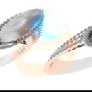 5.95 Ctw I2/I3 Rainbow Moonstone And Diamond 10K Rose Gold Engagement Ring(: Center Stone Weight : 5.35 Ctw ( Oval Cab ) Center Stone Color : Rainbow Moonstone Stone Setting : Prong Side Diamond Weight Of Ctw 0.60 Ctw Side Stone Color : J-K Stone Clarity : I2/I3 Stone Setting