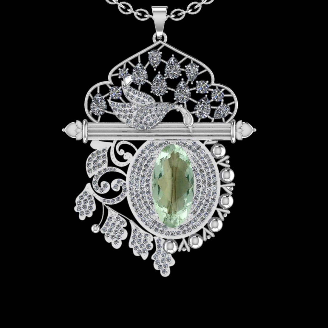 22.47 Ctw VS/SI1 Green Amethyst And Diamond 14K White Gold Necklace( ALL DI: Center Stone Weight : 12.15 Ctw ( Oval Cut ) Center Stone Color : Green Amethyst Stone Setting : Prong Side Diamond Weight Of Ctw 10.32 Ctw Side Stone Color : J-K Stone Clarity : VS/SI1 Stone Setting