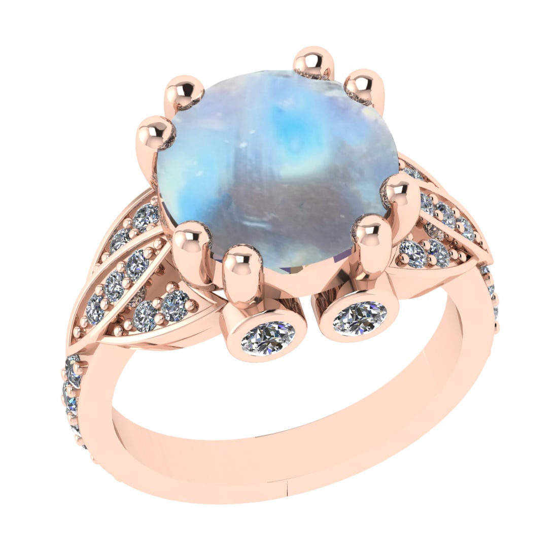 7.18 Ctw I2/I3 Rainbow Moonstone And Diamond 10K Rose Gold Engagement Ring(: Center Stone Weight : 6.46 Ctw ( Round Cab ) Center Stone Color : Rainbow Moonstone Stone Setting : Prong Side Diamond Weight Of Ctw 0.72 Ctw Side Stone Color : J-K Stone Clarity : I2/I3 Stone Setting