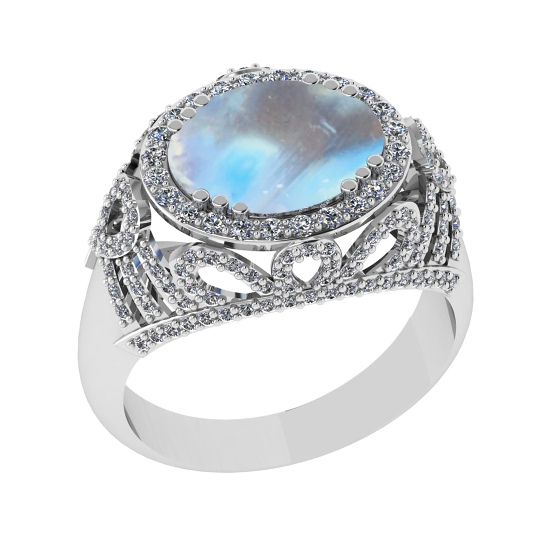 6.39 Ctw I2/I3 Rainbow Moonstone And Diamond 10K White Gold Engagement Ring: Center Stone Weight : 5.30 Ctw ( Oval Cab ) Center Stone Color : Rainbow Moonstone Stone Setting : Prong Side Diamond Weight Of Ctw 1.09 Ctw Side Stone Color : J-K Stone Clarity : I2/I3 Stone Setting
