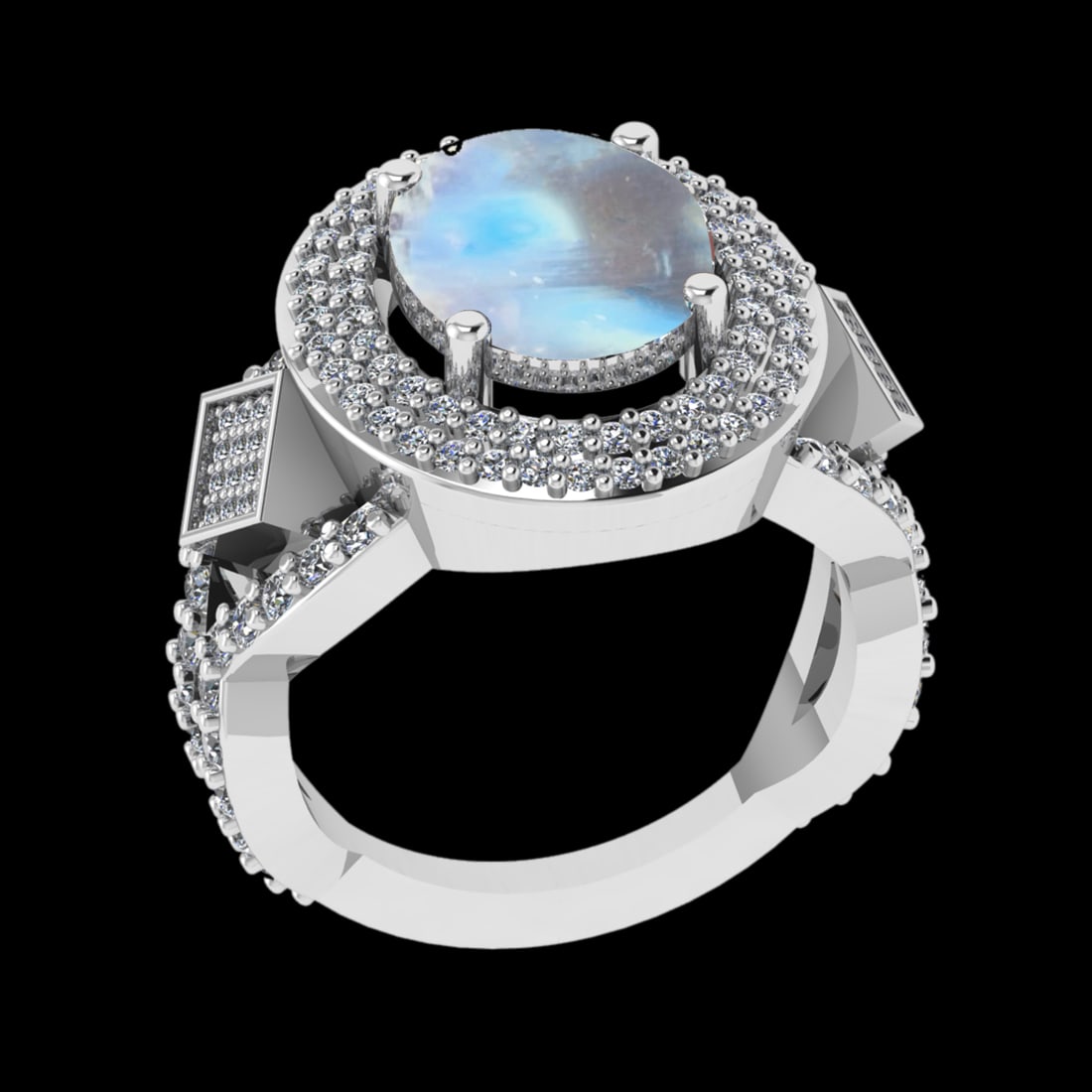 6.37 Ctw VS/SI1 Rainbow Moonstone And Diamond 14K White Gold Engagement Rin: Center Stone Weight : 5.35 Ctw ( Oval Cab ) Center Stone Color : Rainbow Moonstone Stone Setting : Prong Side Diamond Weight Of Ctw 1.02 Ctw Side Stone Color : J-K Stone Clarity : VS/SI1 Stone Setting
