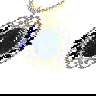 40.84 Ctw VS/SI1 Tanzanite,Blue Sapphire and Diamond 14K Yellow Gold Pendan: Center Stone Weight : 38.36 Ctw ( Oval cab & Marquise Cut) Center Stone Color :-Tanzanite,Blue Sapphire Setting : Prong Side Weight Of Ctw 2.48 Ctw Color : J-K Clarity :VS/SI1 Stone Setting : Prong