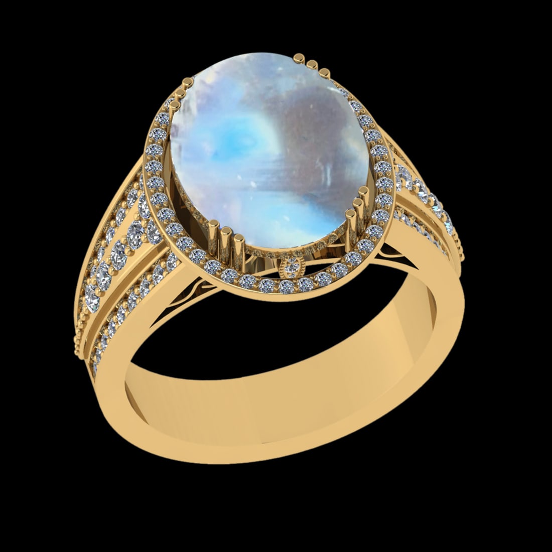 5.95 Ctw VS/SI1 Rainbow Moonstone And Diamond 14K Yellow Gold Engagement Ri: Center Stone Weight : 5.35 Ctw ( Oval Cab ) Center Stone Color : Rainbow Moonstone Stone Setting : Prong Side Diamond Weight Of Ctw 0.60 Ctw Side Stone Color : J-K Stone Clarity : VS/SI1 Stone Setting