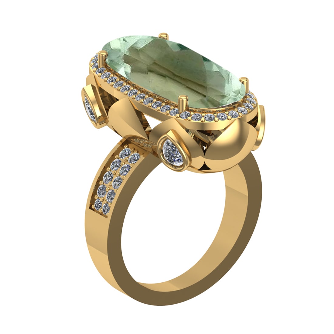 16.68 Ctw VS/SI1 Green Amethyst and Diamond 14K Yellow Gold Engagement Ring: Color Stone Weight : 15.12 Ctw ( Oval Cut) Stone Color :- Green Amethyst Center Stone Setting : Prong Side Weight Of Ctw 1.54 Ctw Color : J-K Clarity : VS/SI1 Stone Setting : Prong Metal Weight : Appr