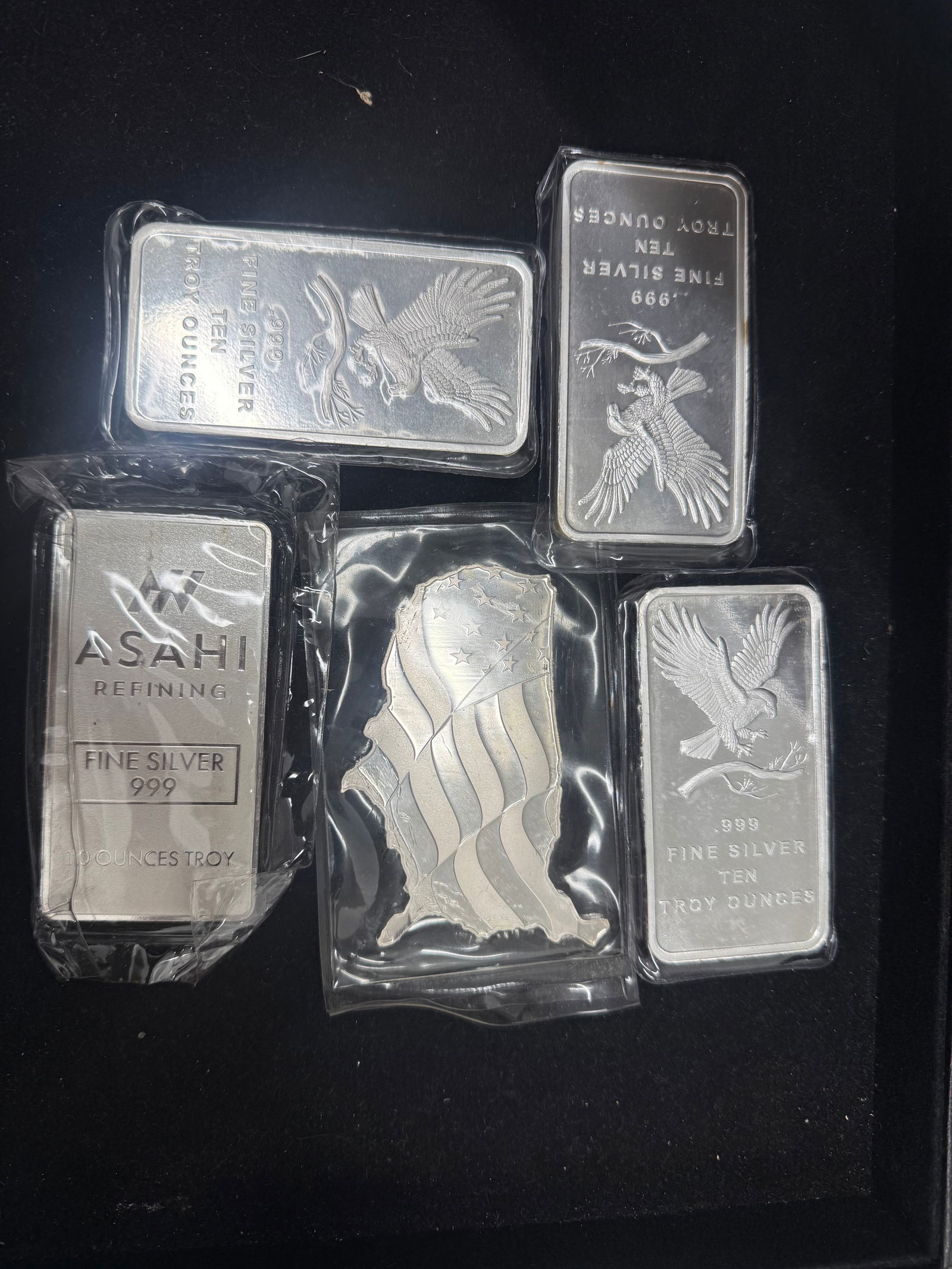 Lot of 10 Ounce Pure Silver Bars of Varying Mints .999 5 pieces (1 of 1)