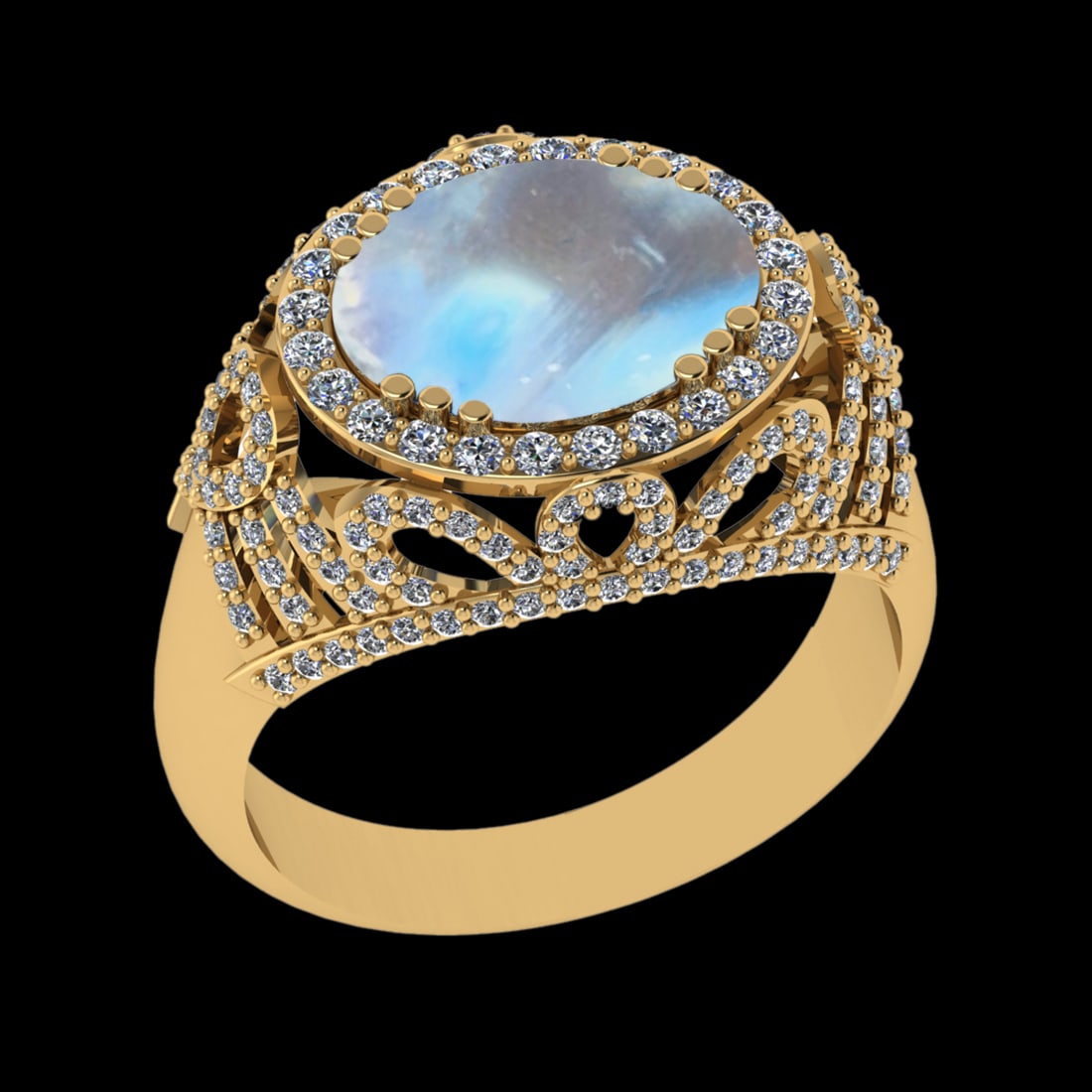 6.39 Ctw VS/SI1 Rainbow Moonstone And Diamond 14K Yellow Gold Engagement Ri: Center Stone Weight : 5.30 Ctw ( Oval Cab ) Center Stone Color : Rainbow Moonstone Stone Setting : Prong Side Diamond Weight Of Ctw 1.09 Ctw Side Stone Color : J-K Stone Clarity : VS/SI1 Stone Setting