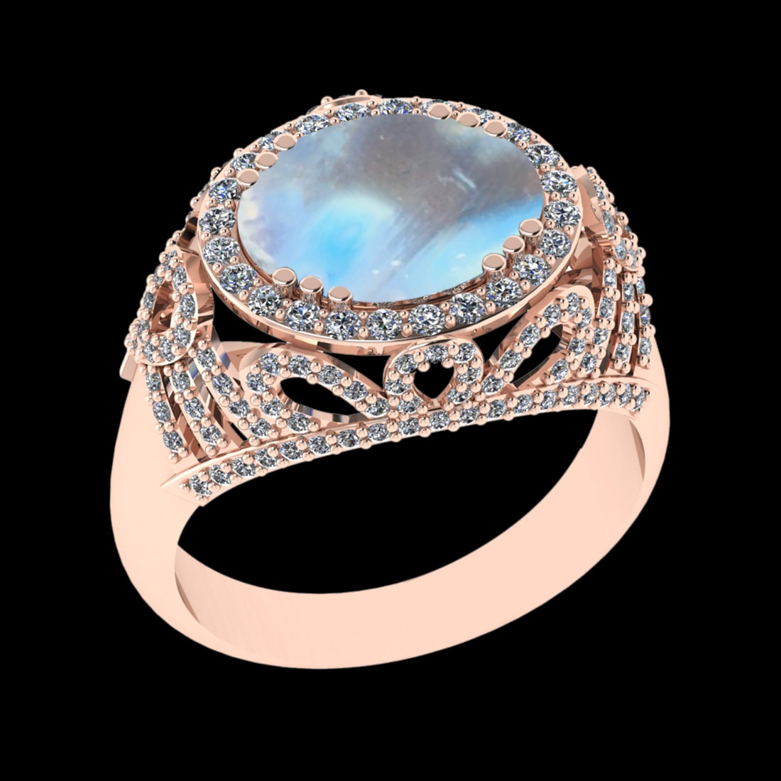 6.39 Ctw VS/SI1 Rainbow Moonstone And Diamond 14K Rose Gold Engagement Ring: Center Stone Weight : 5.30 Ctw ( Oval Cab ) Center Stone Color : Rainbow Moonstone Stone Setting : Prong Side Diamond Weight Of Ctw 1.09 Ctw Side Stone Color : J-K Stone Clarity : VS/SI1 Stone Setting