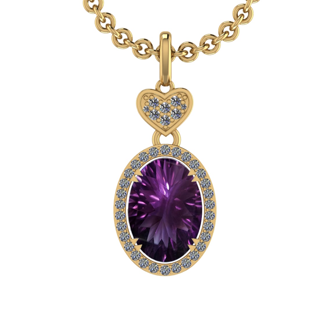 12.57 Ctw VS/SI1 Amethyst and Diamond 14K Yellow Gold Pendant: Center Stone Weight : 12.20 Ctw ( Oval Cut) Center Stone Color :-Amethyst Setting : Prong Side Weight Of Ctw 0.37 Ctw Color : J-K Clarity : VS/SI1 Stone Setting : Prong Metal Weight : Approx 6.80 gram