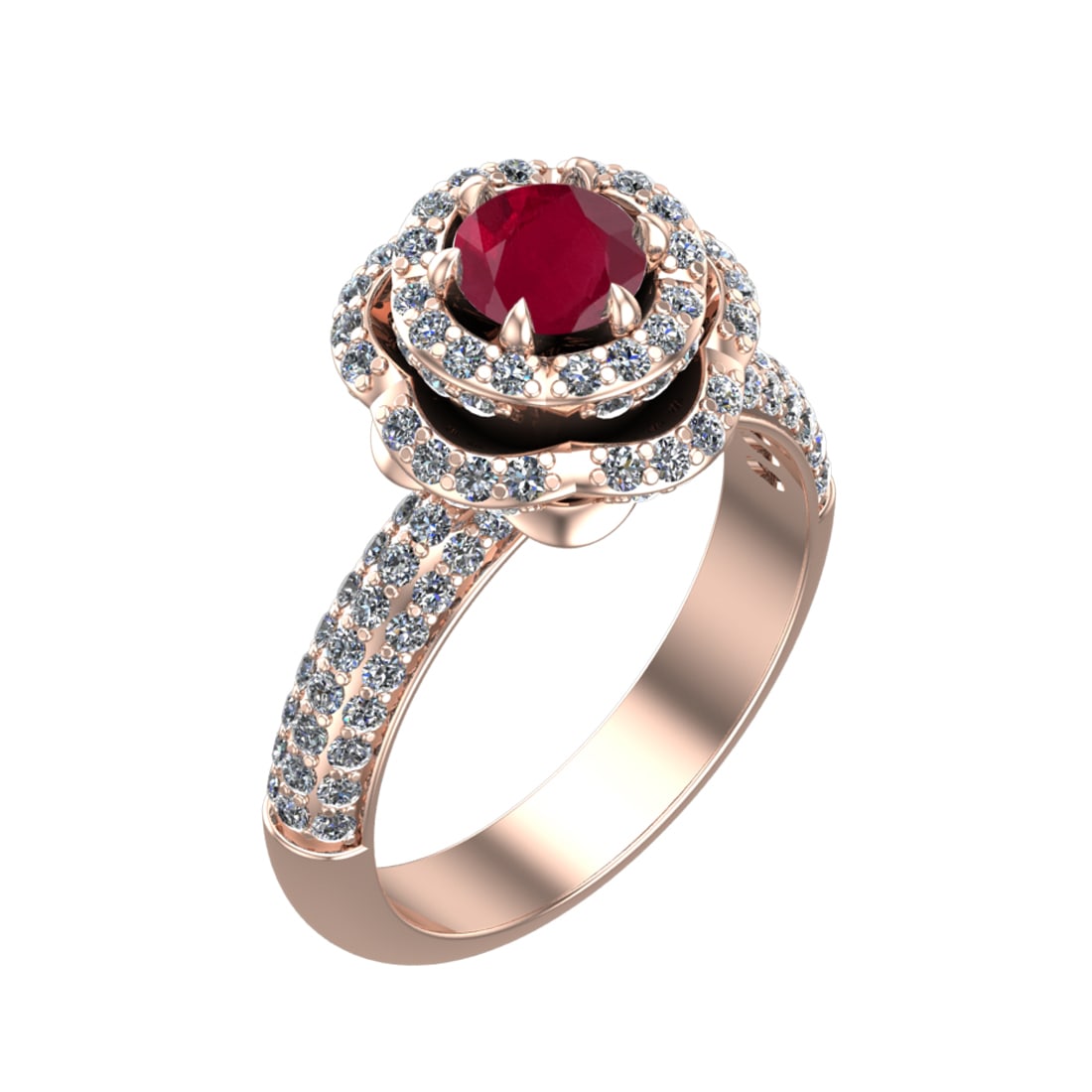 2.22 Ctw VS/SI1 Rubyand Diamond Prong Set 14k Rose Gold Engagement Ring: Center Stone Weight :-0.84 Ctw ( Round Cut ) Center Stone Color :-Ruby Center Stone Setting : Prong Side Diamond Weight Of Ctw :- 1.38 Ctw Color : J-K Clarity : VS/SI1 Daimond Setting : Prong Metal