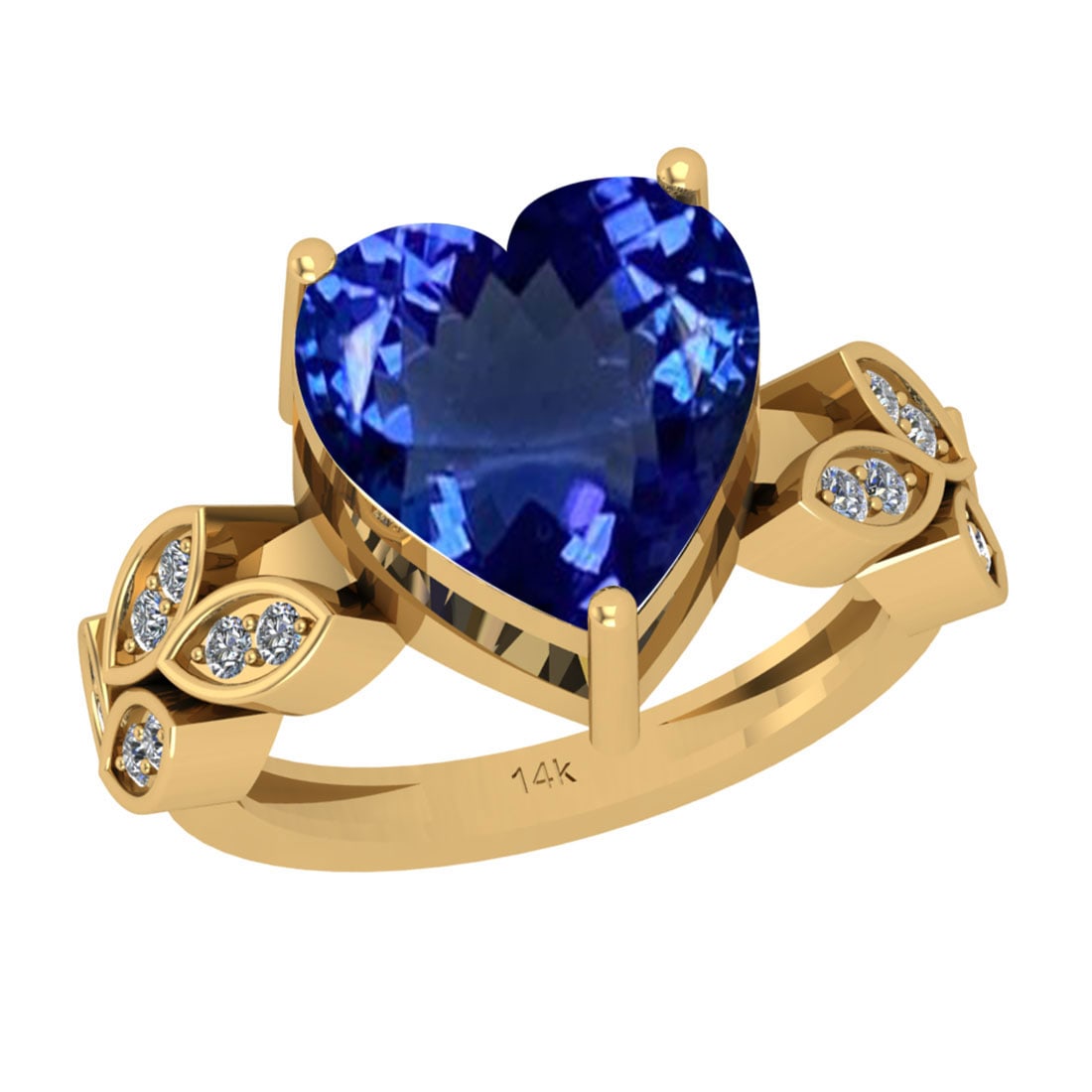 5.50 Ctw VS/SI1 Tanzanite And Diamond 18k Yellow Gold Cocktail Ring: Center Stone Weight : 5.28 Ctw (Heart Cut ) Center Stone Color : Tanzanite Stone Setting : Prong Side Stone Weight Of Ctw 0.22 Ctw Side Stone Color : J-K Stone Clarity : VS/SI1 Stone Setting : Prong