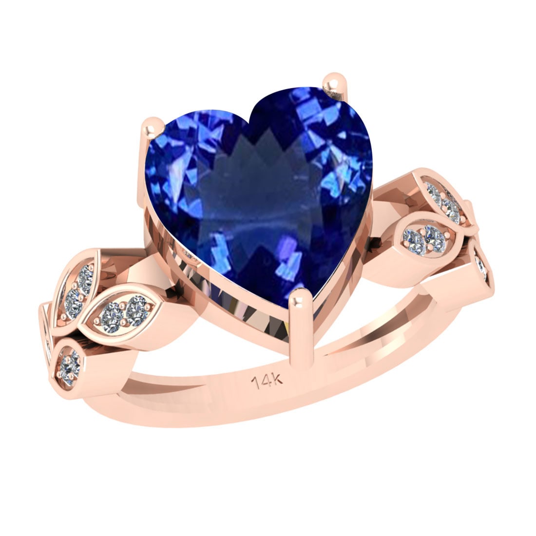 5.50 Ctw VS/SI1 Tanzanite And Diamond 18k Rose Gold Cocktail Ring: Center Stone Weight : 5.28 Ctw (Heart Cut ) Center Stone Color : Tanzanite Stone Setting : Prong Side Stone Weight Of Ctw 0.22 Ctw Side Stone Color : J-K Stone Clarity : VS/SI1 Stone Setting : Prong