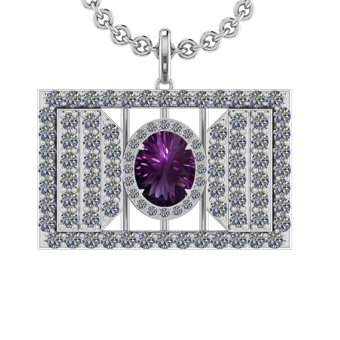 42.90 Ctw VS/SI1 Amethyst and Diamond 14K White Gold Pendant: Center Stone Weight : 21.95 Ctw ( Oval Cut) Center Stone Color :-Amethyst Setting : Prong Side Weight Of Ctw 20.50 Ctw Color : J-K Clarity : VS/SI1 Stone Setting : Prong Metal Weight : Approx 15.80 gr
