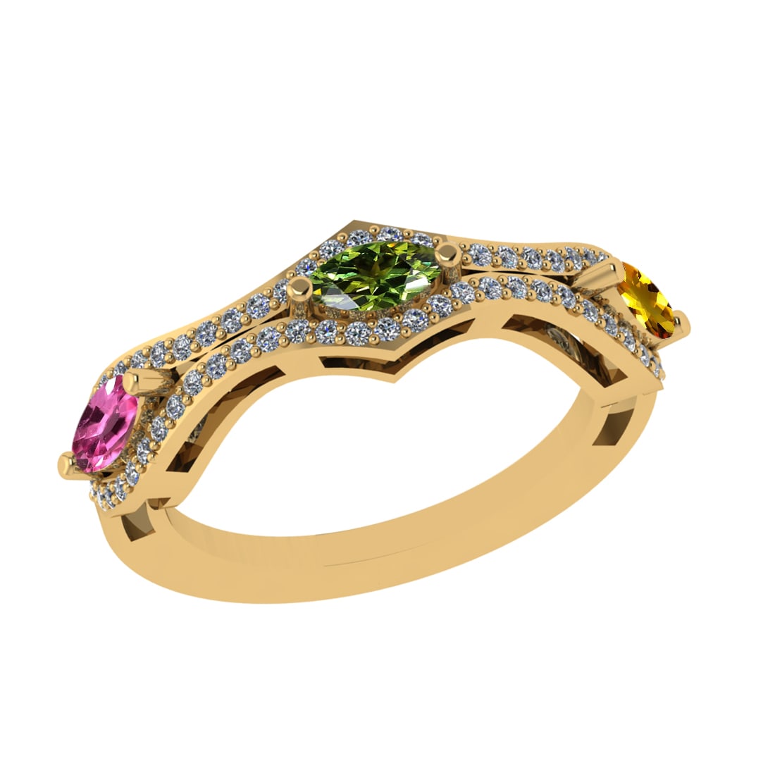 1.18 Ctw VS/SI1 Multi Sapphire and Diamond 14k Yellow Gold Engagement Ring: Multi Stone Weight :-0.75 Ctw ( Marquise Cut) Multi Stone Color :- Pink,Green,Yellow Sapphire Center Stone Setting : Prong Side Diamond Weight Of Ctw :- 0.43 Ctw Color : F-G Clarity : VS/SI1 Daimond S