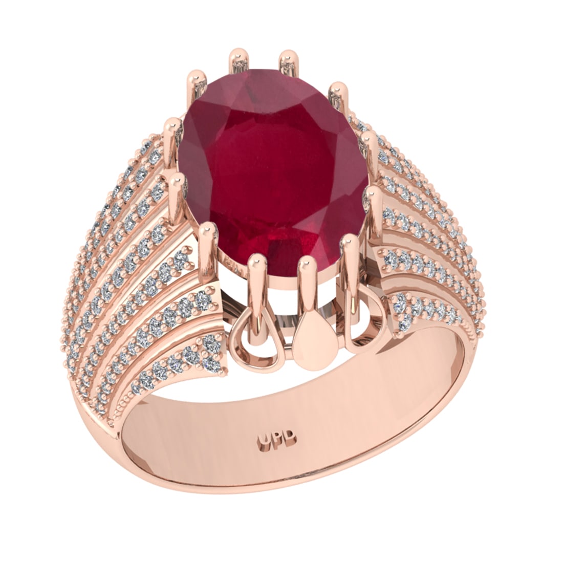 5.06 Ctw VS/SI1 Ruby And Diamond 14K Rose Gold Engagement Ring: Center Stone Weight : 4.50 Ctw ( Oval Cut ) Center Stone Color : Ruby Stone Setting : Prong Side Diamond Weight Of Ctw0.56 Ctw Side Stone Color : G-H Stone Clarity : VS/SI1 Stone Setting : Prong Metal