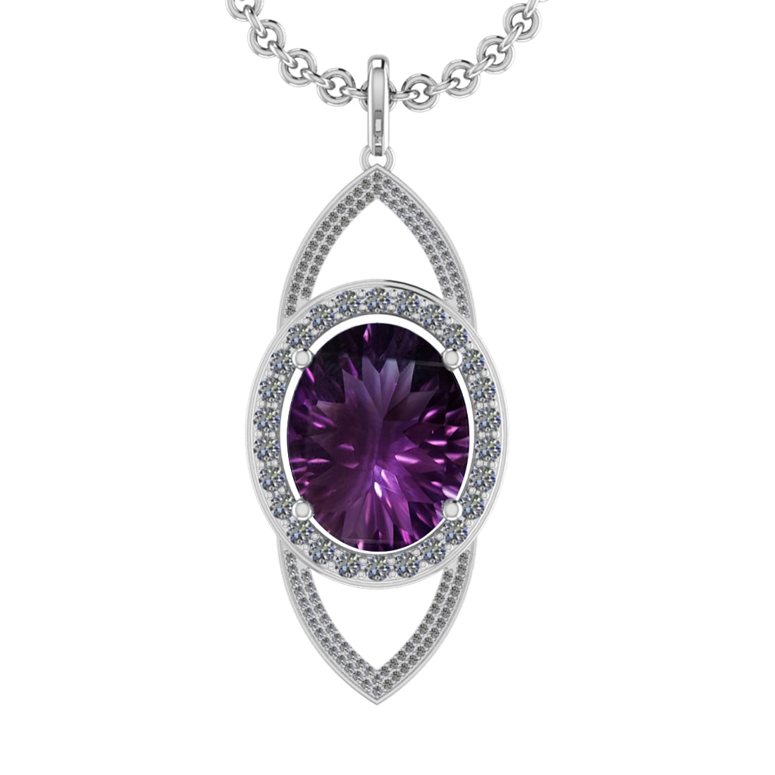22.50 Ctw VS/SI1 Amethyst and Diamond 14K White Gold Pendant: Center Stone Weight : 20.84 Ctw ( Oval Cut) Center Stone Color :-Amethyst Setting : Prong Side Weight Of Ctw 1.66 Ctw Color : J-K Clarity : VS/SI1 Stone Setting : Prong Metal Weight : Approx 11.90 gra