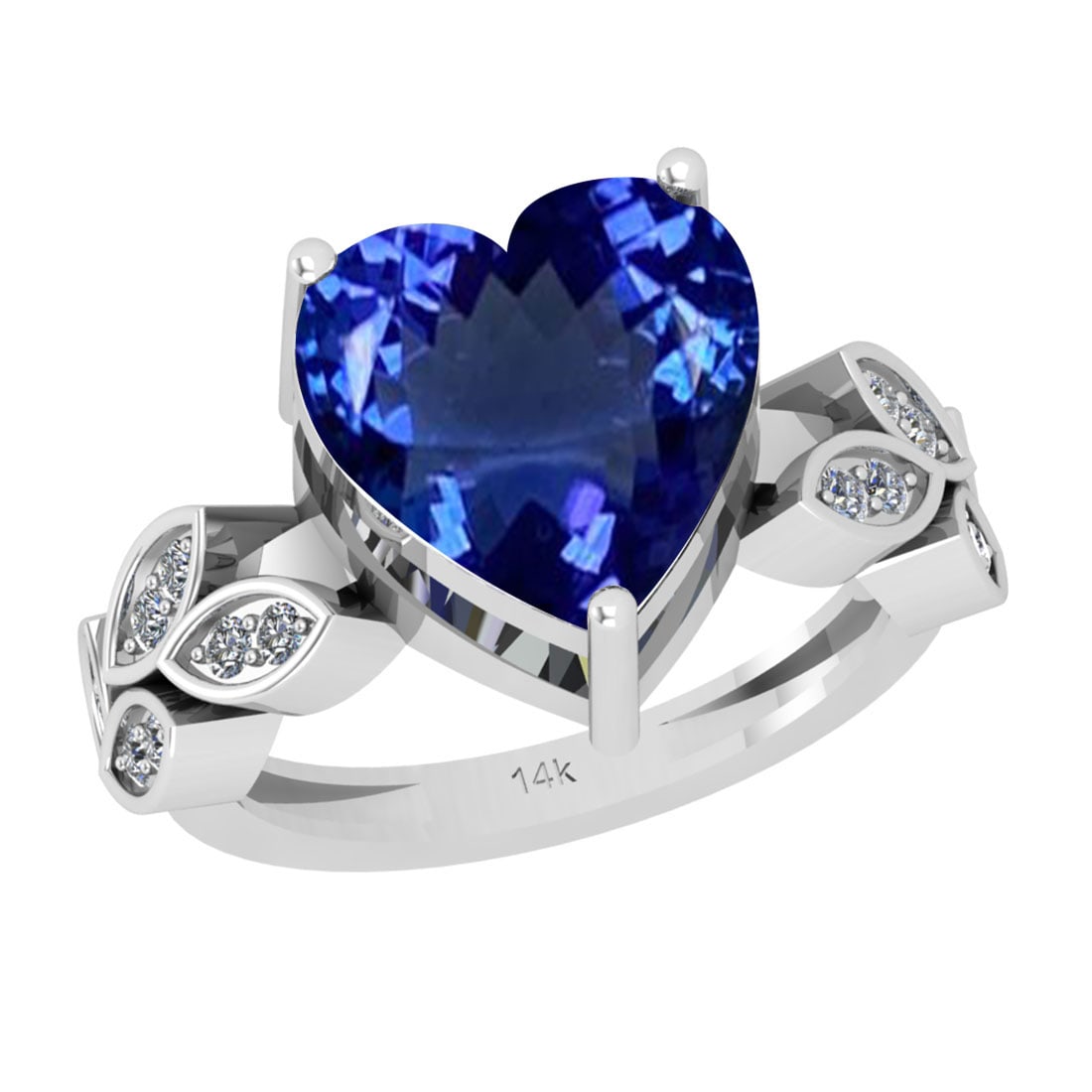 5.50 Ctw VS/SI1 Tanzanite And Diamond 18k White Gold Cocktail Ring: Center Stone Weight : 5.28 Ctw (Heart Cut ) Center Stone Color : Tanzanite Stone Setting : Prong Side Stone Weight Of Ctw 0.22 Ctw Side Stone Color : J-K Stone Clarity : VS/SI1 Stone Setting : Prong M