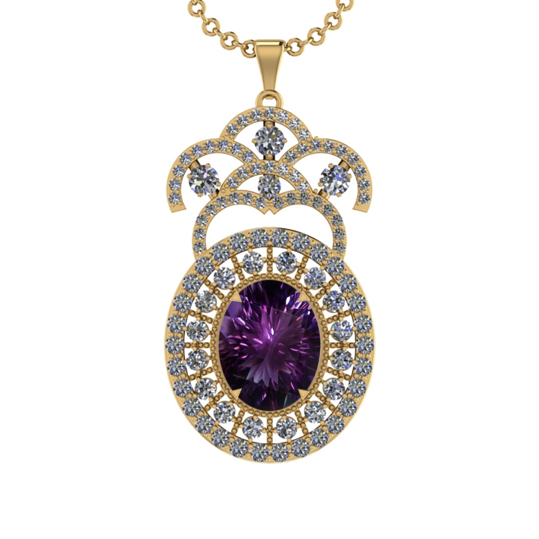 19.91 Ctw VS/SI1 Amethyst and Diamond 14K Yellow Gold Pendant (ALL DIAMOND: Color Stone Weight : 15.20 Ctw ( Oval Cut) Stone Color :- Amethyst Center Stone Setting : Prong Side Weight Of Ctw 4.71 Ctw Color : J-K Clarity : VS/SI1 Stone Setting : Prong Metal Weight : Approx 17.