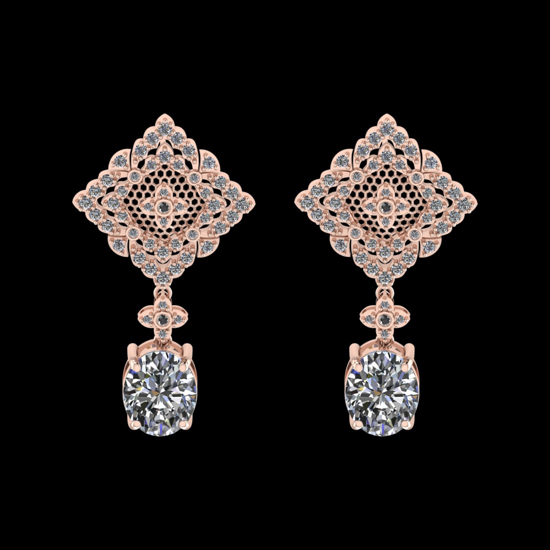 12.19 Ctw VS/SI1 Diamond Prong Set 18k Rose Gold Dangle Stud Earrings (ALL: Center Daimond Weight :-10.10 Ctw ( Oval Cut) Color : G-H Clarity : VS/SI1 Side Diamond Weight Of Ctw 2.09 Ctw Color : G-H Clarity : VS/SI1 Daimond Setting : Prong Metal Weight : Approx 16.40 gram 18k