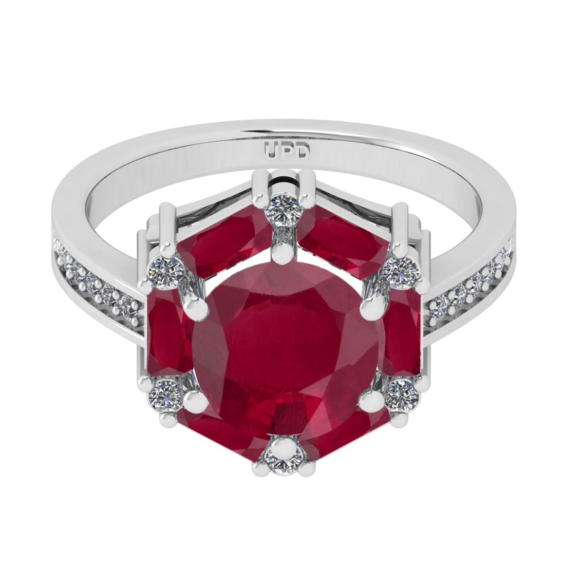 2.78 Ctw VS/SI1 Ruby and Diamond 14k white Gold Engagement Ring(ALL DIAMOND: Center Stone Weight :-2.60 Ctw ( Round & Bug Cut) Center Stone Color :- Ruby Center Stone Setting : Prong Side Diamond Weight Of Ctw :- 0.18 Ctw Color : J-K Clarity : VS/SI1 Daimond Setting : Prong