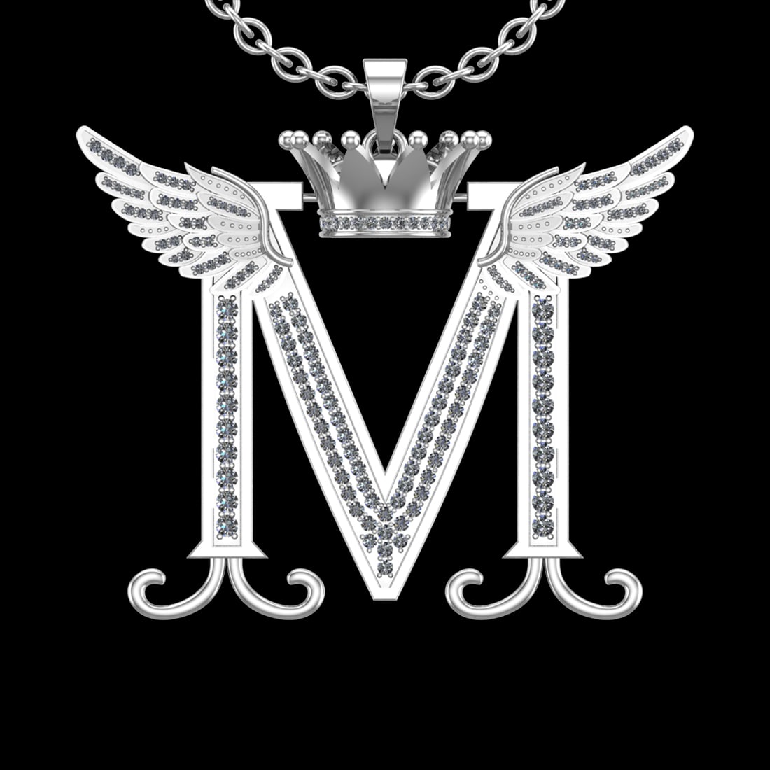 2.17 Ctw VS/SI1 Diamond Prong Set 18K White Gold Letter theme ( m) Necklace: Total Diamond Weight : 2.17 Ctw (Round cut) Center Diamond Color :- G-H Center Clarity : VS/SI1 Stone Setting : Prong Metal Weight : Approx 17.80 Gram 18K White Gold Letter theme ( m) Necklace (ALL DI