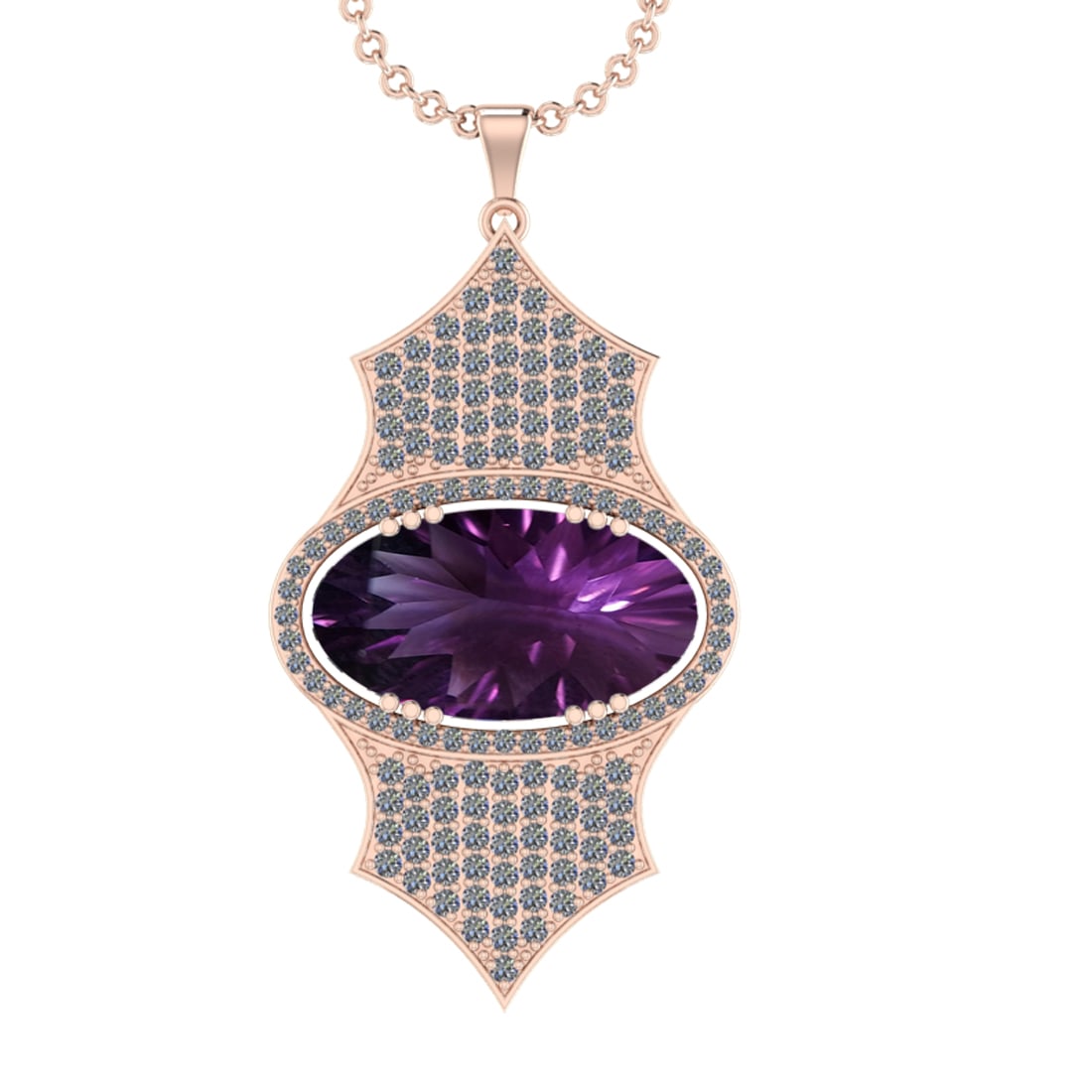 36.27 Ctw VS/SI1 Amethyst and Diamond Prong Set 14k Rose Gold Pendant (ALL: Center Stone Weight : 33.86 Ctw ( Oval Cut) Center Stone Color :-Amethyst Setting : Prong Side Weight Of Ctw 2.41 Ctw Color : J-K Clarity : VS/SI1 Stone Setting : Prong Metal Weight : Approx 16.80 gra
