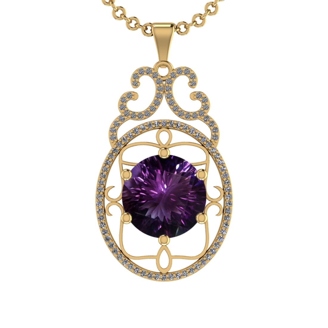 24.56 Ctw VS/SI1 Amethyst and Diamond 14K Yellow Gold Pendant (ALL DIAMOND: Color Stone Weight : 24.29 Ctw ( Round Cut) Stone Color :- Amethyst Center Stone Setting : Prong Side Weight Of Ctw 0.27 Ctw Color : J-K Clarity : VS/SI1 Stone Setting : Prong Metal Weight : Approx 12