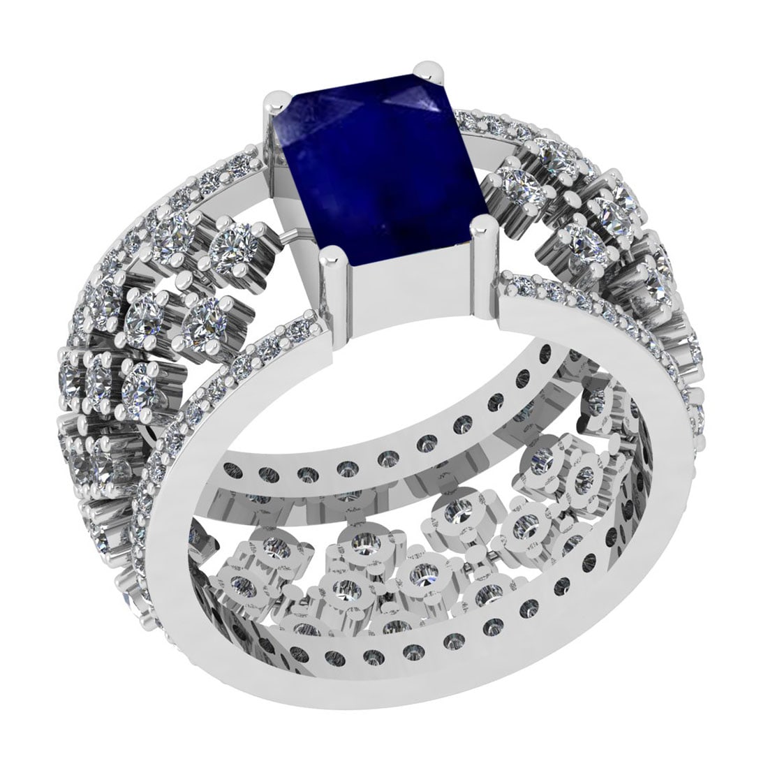 1.22 Ctw VS/SI1 Blue Sapphire And Diamond 14K White Gold Engagement Halo Ri: Center Stone Weight : 0.50 Ctw (Emerald Cut) Center Stone Color : Blue Sapphire Stone Setting : Prong Side Stone Weight Of Ctw 0.72 Ctw Side Stone Color : J-K Stone Clarity : VS/SI1 Stone Setting : Pr