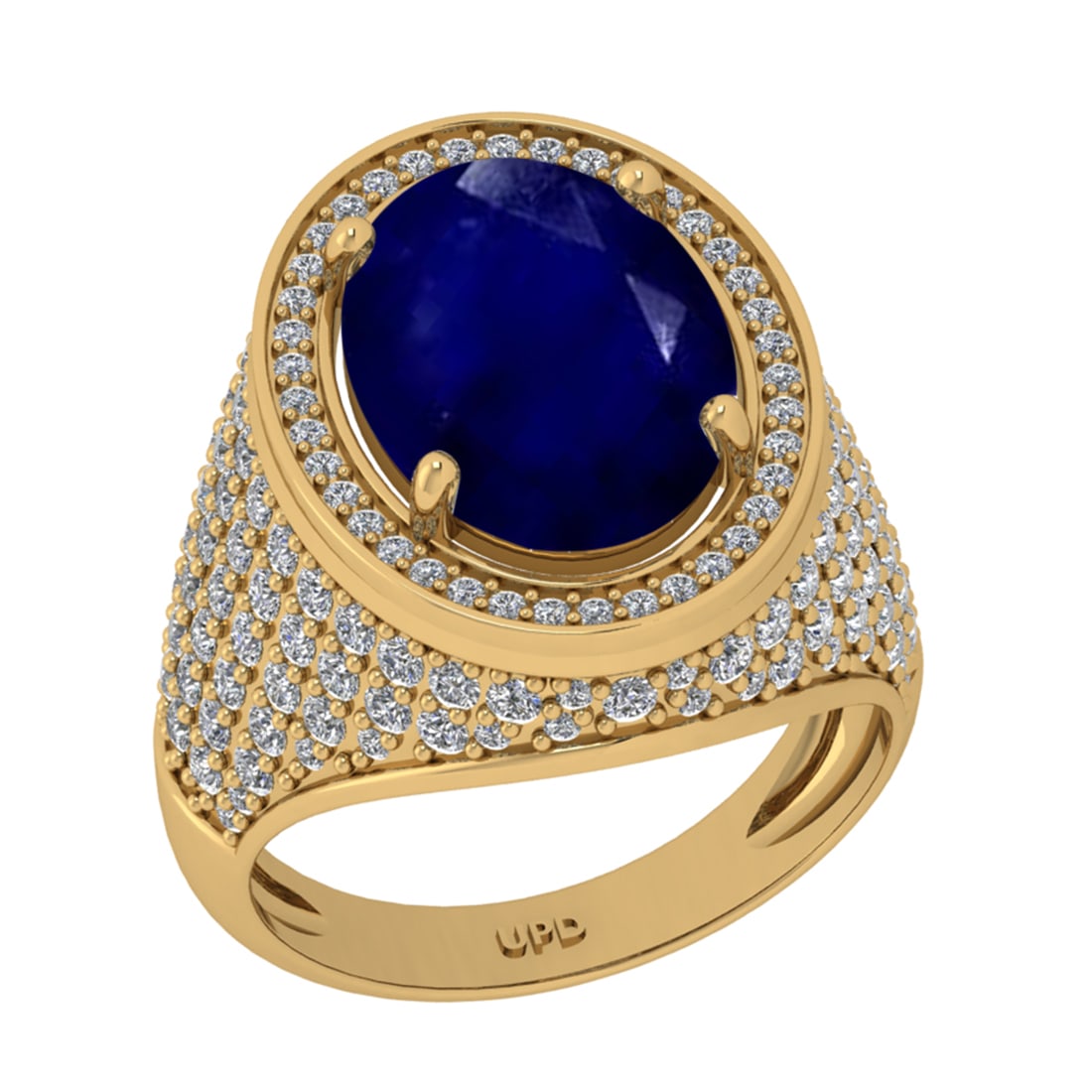7.50 Ctw VS/SI1 Blue Sapphire And Diamond 14K Yellow Gold Engagement Ring: Center Stone Weight : 5.90 Ctw (Oval Cut ) Center Stone Color : Blue Sapphire Stone Setting : Prong Side Diamond Weight Of Ctw 1.60 Ctw Side Stone Color : G-H Stone Clarity : VS/SI1 Stone Setting : Pr