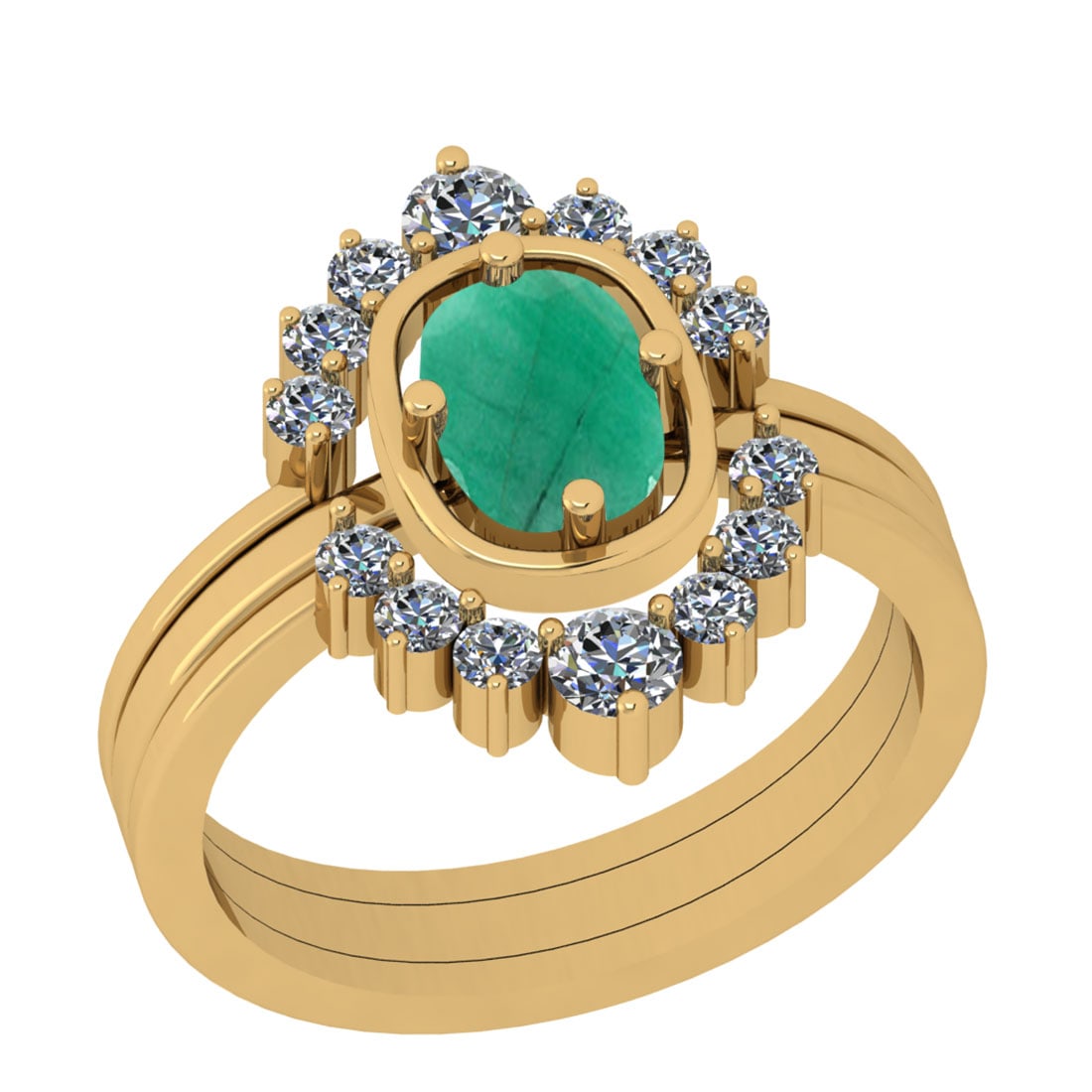 1.40 Ctw VS/SI1 Emerald And Diamond 14K Yellow Gold Anniversary Ring: Center Stone Weight : 0.80 Ctw (Cushion Cut) Center Stone Color : Emerald Stone Setting : Prong Side Stone Weight Of Ctw 0.60 Ctw Side Stone Color : J-K Stone Clarity : VS/SI1 Stone Setting : Prong