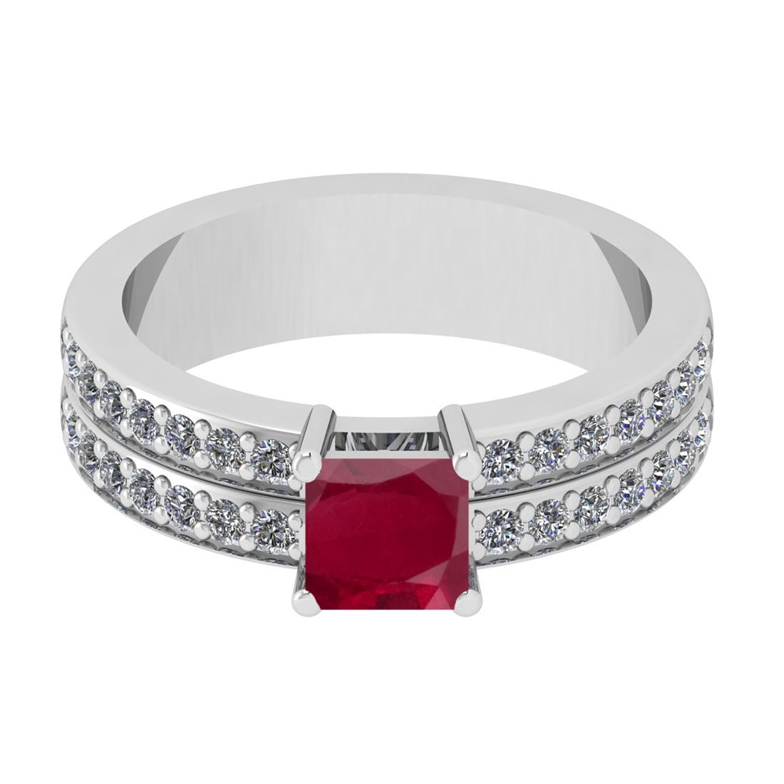 1.10 Ctw VS/SI1 Ruby And Diamond 14K White Gold Cocktail Ring: Center Stone Weight : 0.70 Ctw (Cushion Cut )Center Stone Color : Ruby Stone Setting : Prong Side Stone Weight Of Ctw 0.40 Ctw Side Stone Color : J-K Stone Clarity : VS/SI1 Stone Setting : Prong