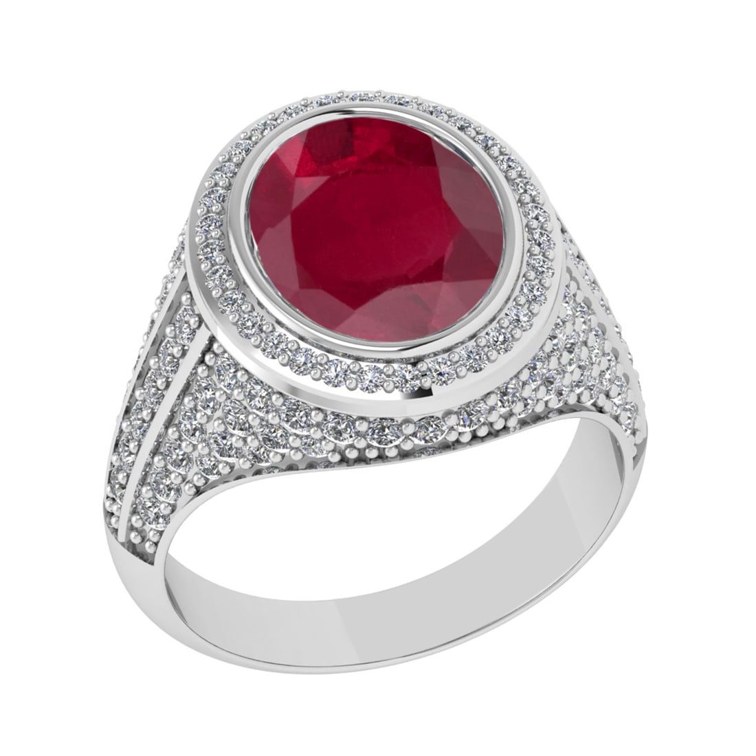 4.70 Ctw VS/SI1 Ruby and Diamond Prong Set 14K White Gold Engagement Ring (: Center Stone Weight : 3.50 Ctw (Oval Cut) Center Stone Color : Ruby Setting : Prong Side Weight Of Ctw 1.20 Ctw Color : J-K Clarity : VS/SI1 Stone Setting : Prong Metal Weight : Approx 7.90 gram 14K W