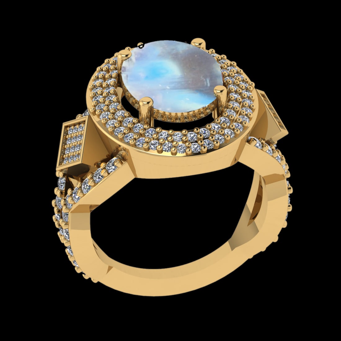 6.37 Ctw VS/SI1 Rainbow Moonstone And Diamond 14K Yellow Gold Engagement Ri: Center Stone Weight : 5.35 Ctw ( Oval Cab ) Center Stone Color : Rainbow Moonstone Stone Setting : Prong Side Diamond Weight Of Ctw 1.02 Ctw Side Stone Color : J-K Stone Clarity : VS/SI1 Stone Setting
