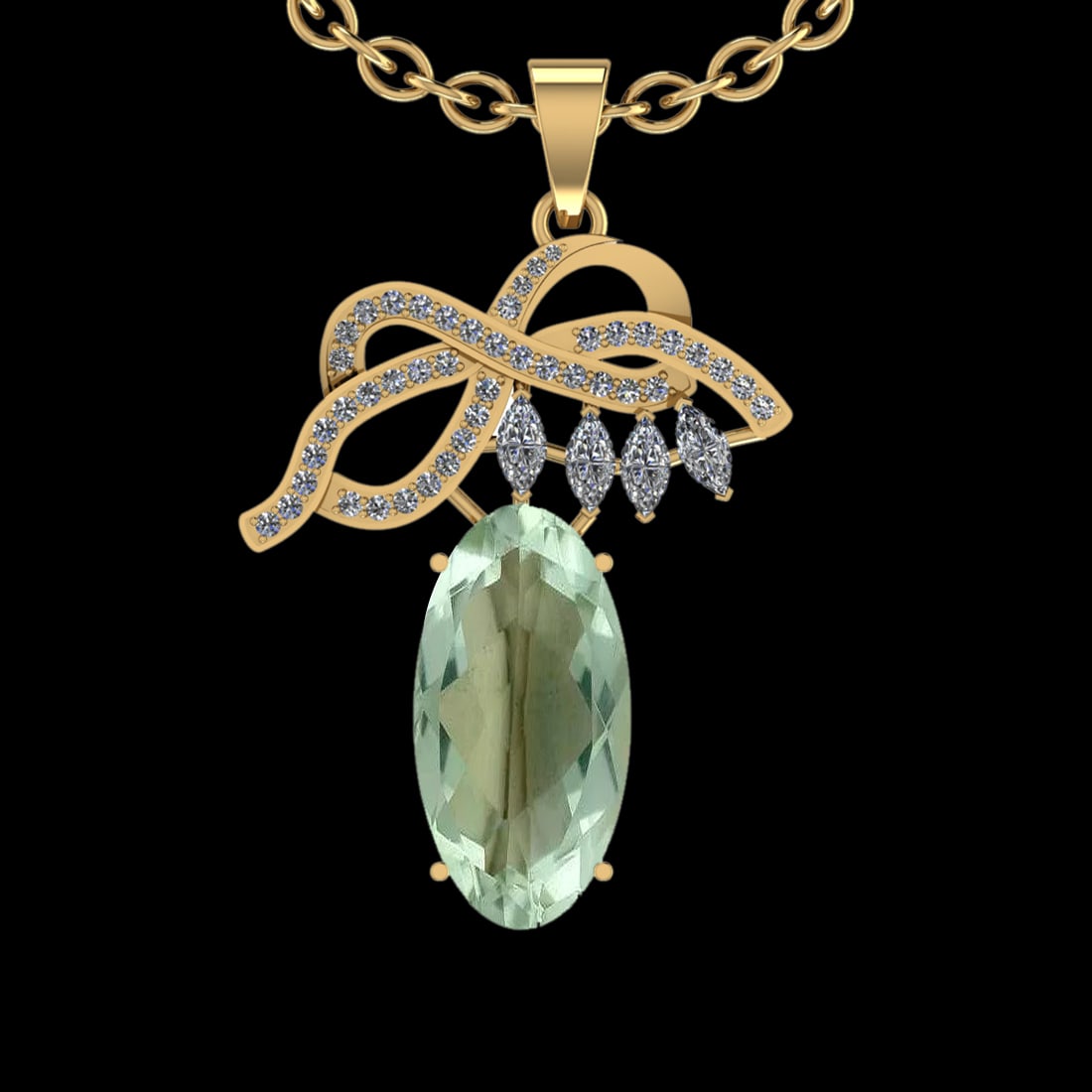 16.99 Ctw VS/SI1 Green Amethyst And Diamond 14K Yellow Gold Necklace( ALL D: Center Stone Weight : 15.95 Ctw ( Oval Cut ) Center Stone Color : Green Amethyst Stone Setting : Prong Side Diamond Weight Of Ctw 1.04 Ctw Side Stone Color : J-K Stone Clarity : VS/SI1 Stone Setting :