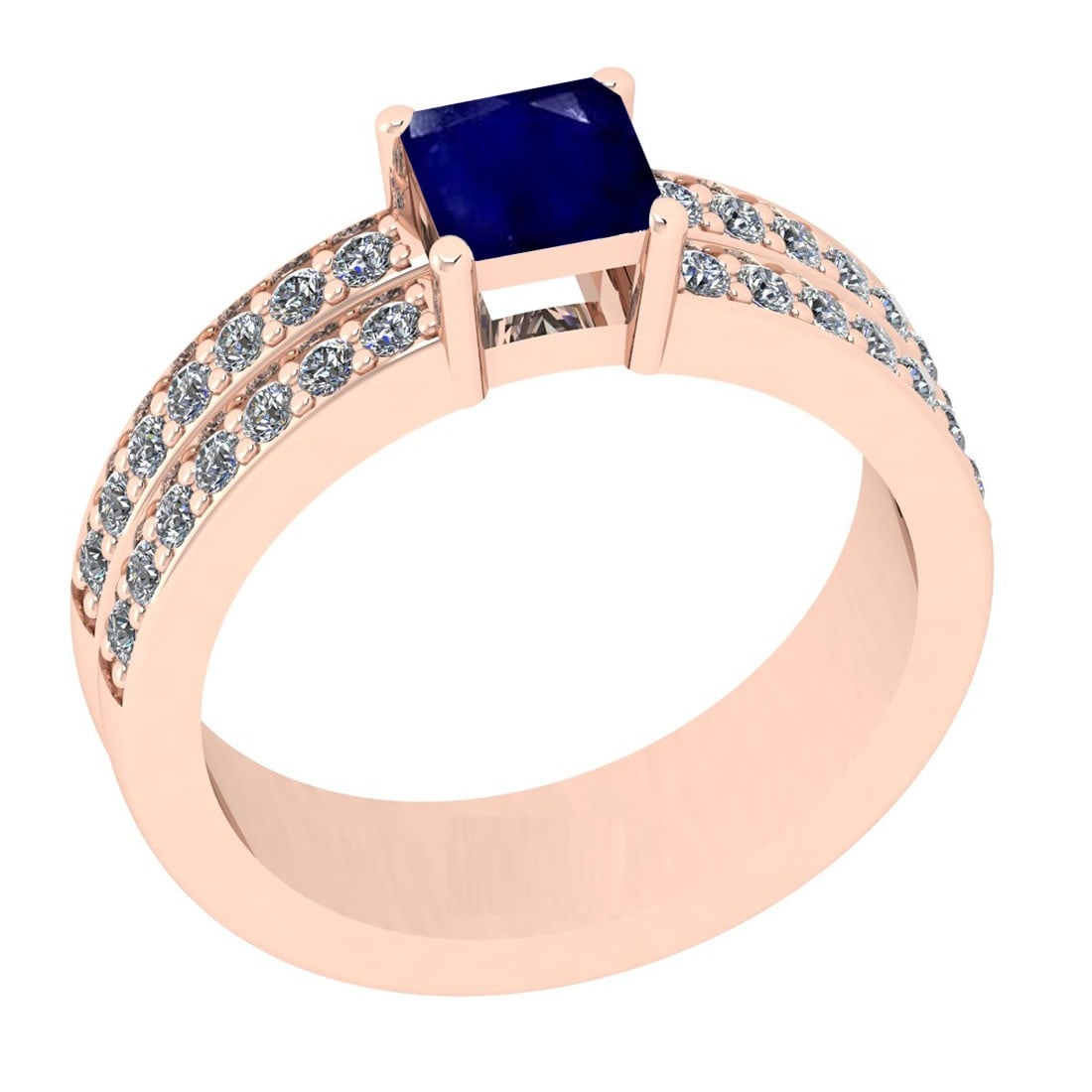 1.10 Ctw VS/SI1 Blue Sapphire And Diamond 14K Rose Gold Cocktail Ring: Center Stone Weight : 0.70 Ctw (Cushion Cut )Center Stone Color : Blue Sapphire Stone Setting : Prong Side Stone Weight Of Ctw 0.40 Ctw Side Stone Color : J-K Stone Clarity : VS/SI1 Stone Setting : Pr