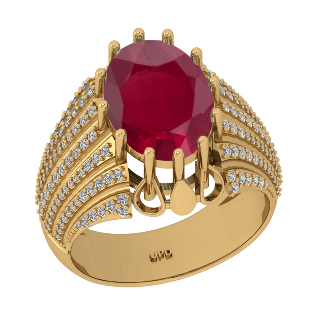 5.06 Ctw VS/SI1 Ruby And Diamond 14K Yellow Gold Engagement Ring: Center Stone Weight : 4.50 Ctw (Oval Cut ) Center Stone Color : Ruby Stone Setting : Prong Side Diamond Weight Of Ctw 0.56 Ctw Side Stone Color : G-H Stone Clarity : VS/SI1 Stone Setting : Prong Metal