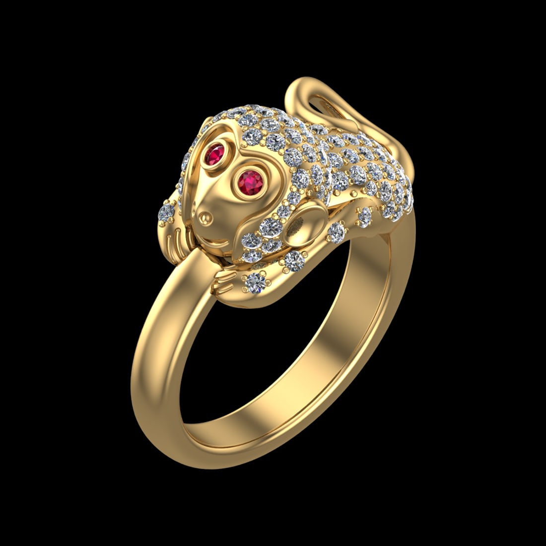 1.18 Ctw VS/SI1 Ruby And Diamond Prong Set 10K Yellow Gold Animal theme Mon: Eye Stone weight :- Ctw :- 0.04 Ctw ( Round cut ) Eye Stone Color :- Ruby Total Diamond Weight Of Ctw :- 1.14 Ctw Color : J-K Clarity : VS/SI1 Setting : Prong Metal Weight : Approx 17.80 gram 10K