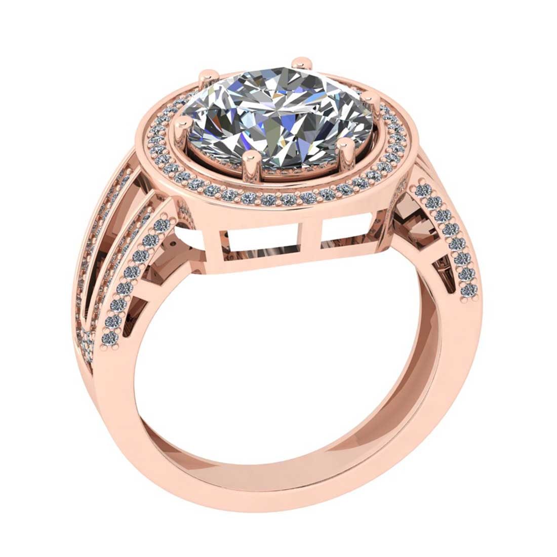 5.07 Ctw SI2/I1 Diamond Style Prong Set 18K Rose Gold Engagement Halo Ring: Center Diamond Weight : 3.50 Ctw ( Round Cut) Center Diamond Color : G-H Center Stone Setting : Prong Center Stone Clarity : SI2/I1 Side Stone Weight Of Ctw 0.57 Ctw Side Stone Color : G-H Stone