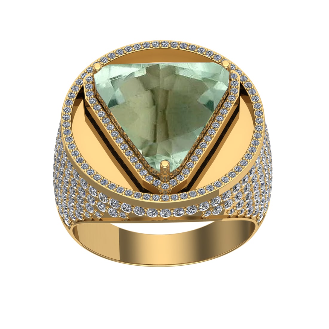 16.55 Ctw VS/SI1 Green Amethyst and Diamond 14K Yellow Gold Engagement Ring: Color Stone Weight : 13.15 Ctw ( Trillion Cut) Stone Color :- Green Amethyst Center Stone Setting : Prong Side Weight Of Ctw 3.40 Ctw Color : J-K Clarity : VS/SI1 Stone Setting : Prong Metal Weight :