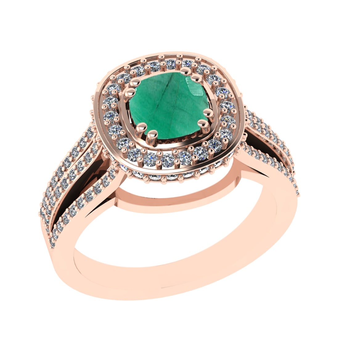1.81 Ctw VS/SI1 Emerald and Diamond 14k Rose Gold Engagement Halo Ring (LAB: Center Stone Weight :- 1.00 Ctw ( Cushion Cut) Color :- Emerald Center Stone Setting : Prong Side Diamond Weight Of Ctw 0.81 Ctw Color : G-H Clarity : VS/SI1 Stone Setting : Prong Metal Weight : Appro