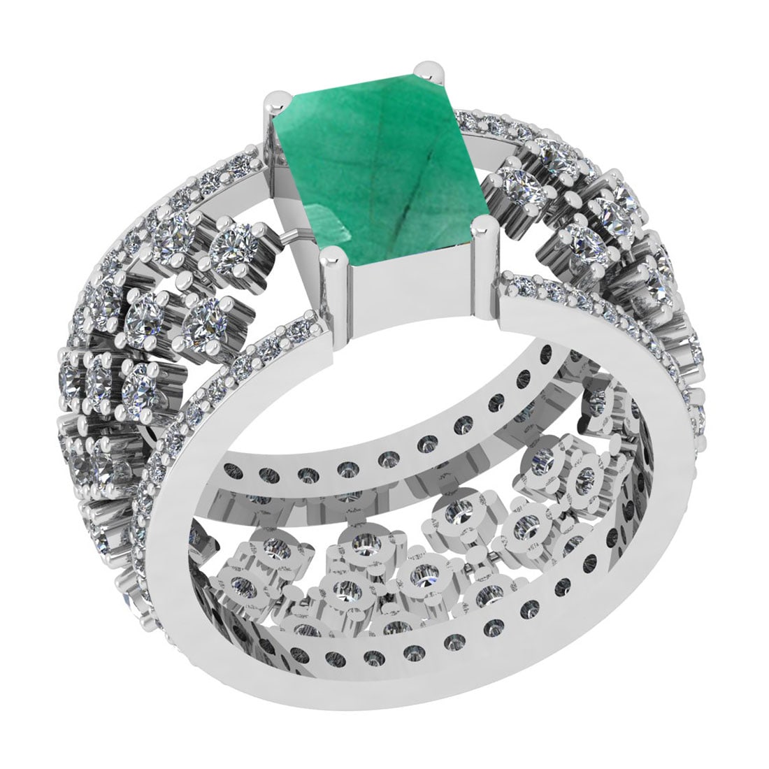 1.22 Ctw VS/SI1 Emerald And Diamond 14K White Gold Engagement Halo Ring: Center Stone Weight : 0.50 Ctw (Emerald Cut) Center Stone Color : Emerald Stone Setting : Prong Side Stone Weight Of Ctw 0.72 Ctw Side Stone Color : J-K Stone Clarity : VS/SI1 Stone Setting : Prong