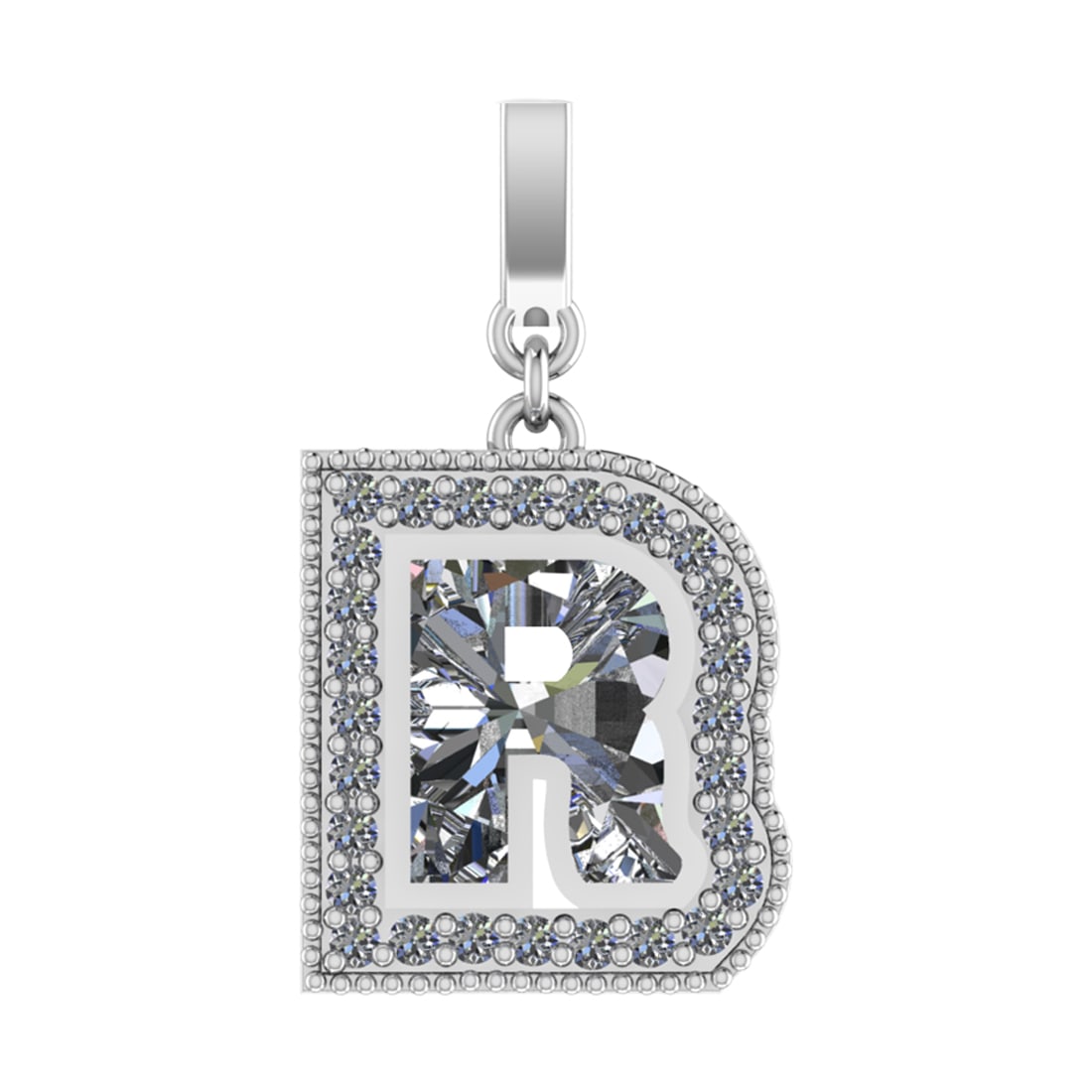 1.10 Ctw SI2/SI1 Diamond Prong Set 14k White Gold Alphabet-R Pendant (ALL D: Center Daimond Weight :-0.89 Ctw Color : White Side Diamond Weight Of Ctw 0.21 Ctw Color : G-H Clarity : SI2/SI1 Daimond Setting : Prong Metal Weight : Approx 3.99 gram 14k White Gold Alphabet-R